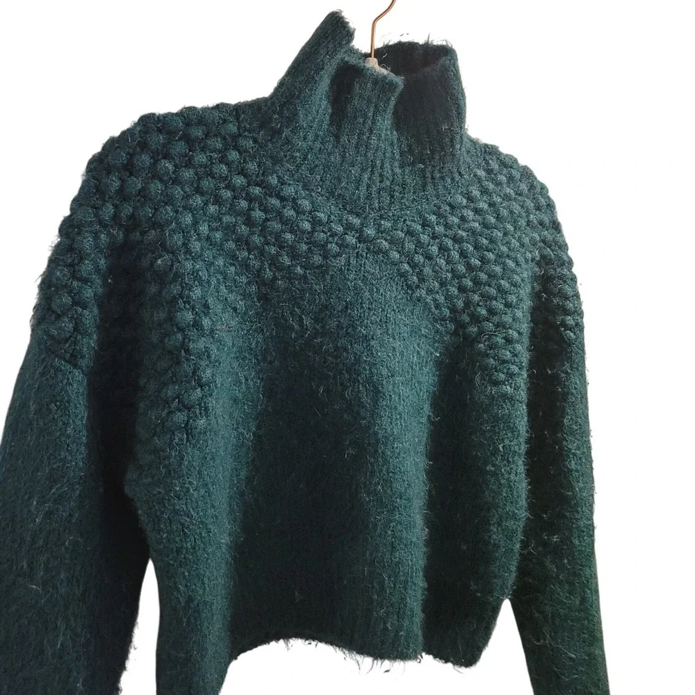Free People Teal Green Popcorn Stitch Mock Neck Fuzzy Knit Sweater‎ Small